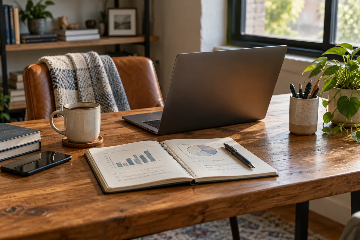 Conceptual editorial scene of a marketing measurement workspace
